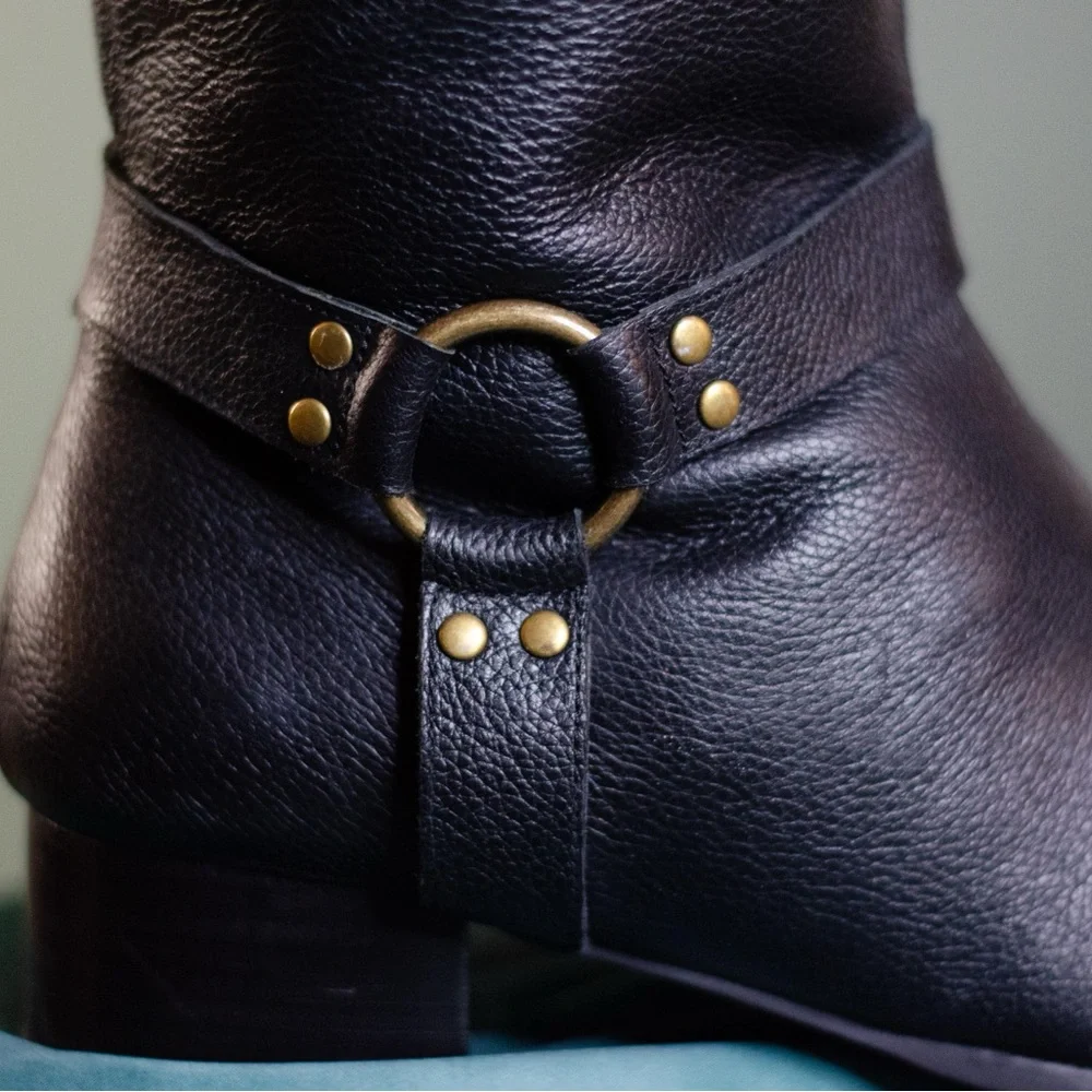 Black Leather Women's Wide Calf Moto Boots - Picture 7 of 9